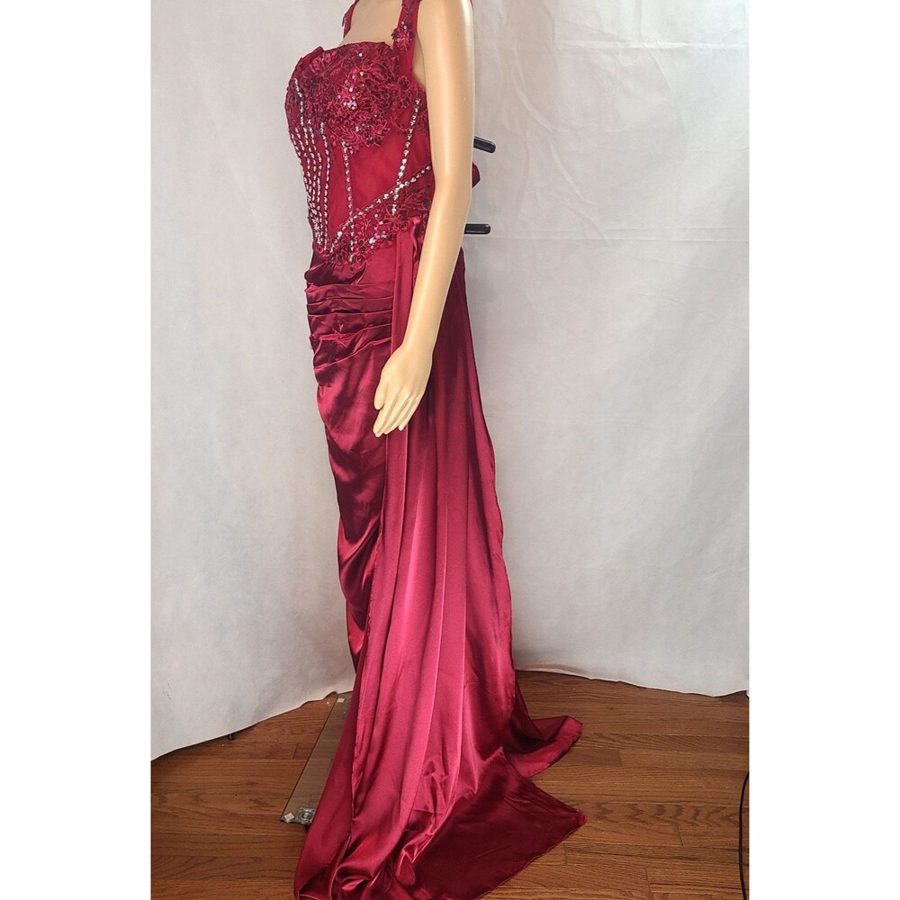 New Prom (18W) Burgundy Lace/Satin Sequin Off Shoulder Rouched High Slit Dress - Picture 6 of 14
